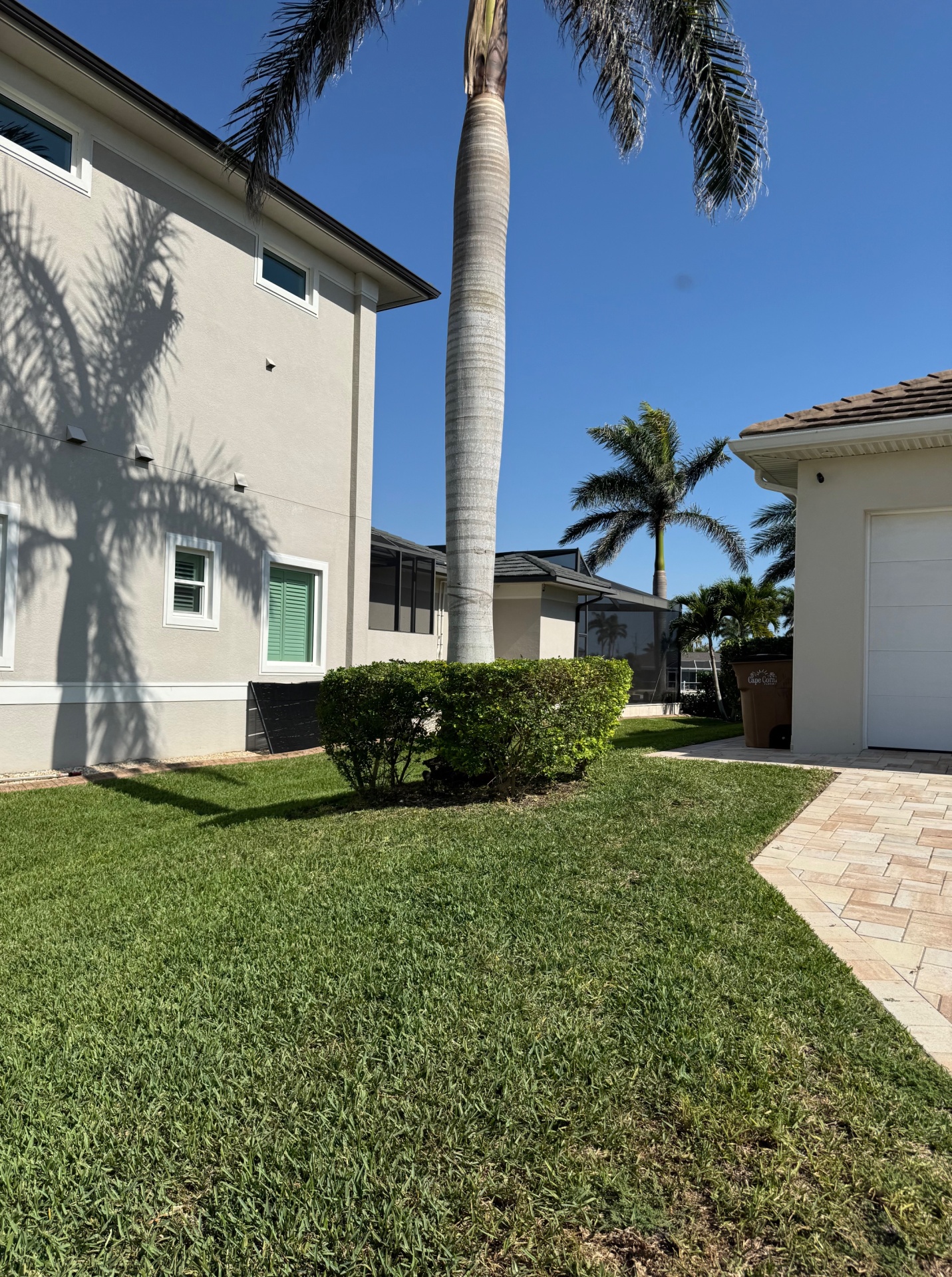 A beautiful view of a well-manicured lawn, with palm trees and modern homes in a sunny setting.